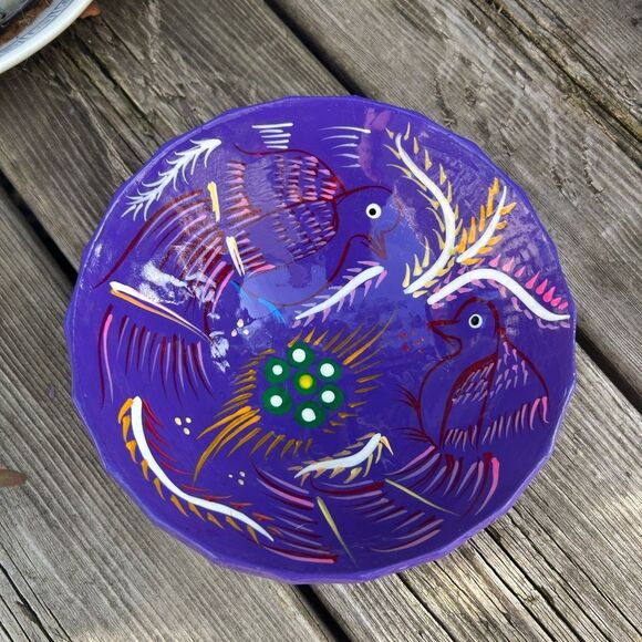 Talavera Mexican Pottery Salsa Bowl Footed Hand Painted Trinket Red Purple Birds - Picture 13 of 16